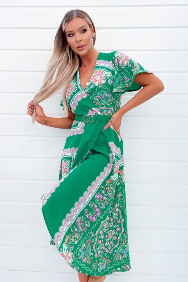 AX Paris Green Paisley Printed Short Sleeve Belted Midi Dress Dresses