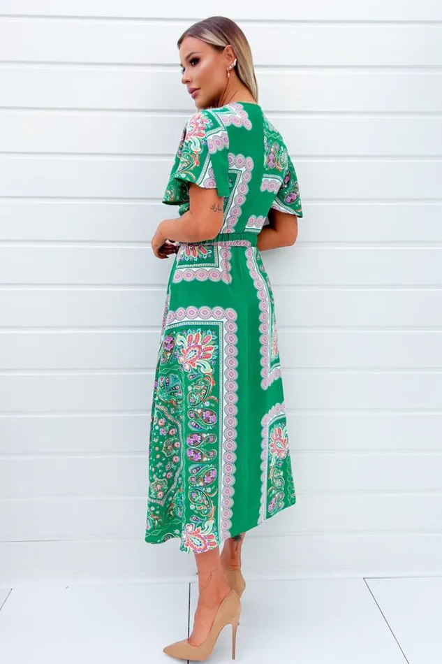 AX Paris Green Paisley Printed Short Sleeve Belted Midi Dress Dresses