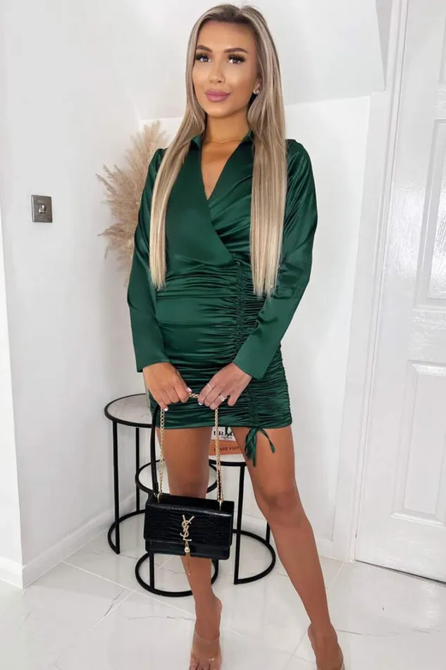 AX Paris Jade Green Satin Long Sleeve Wrap Top Ruched Mini Dress Dresses