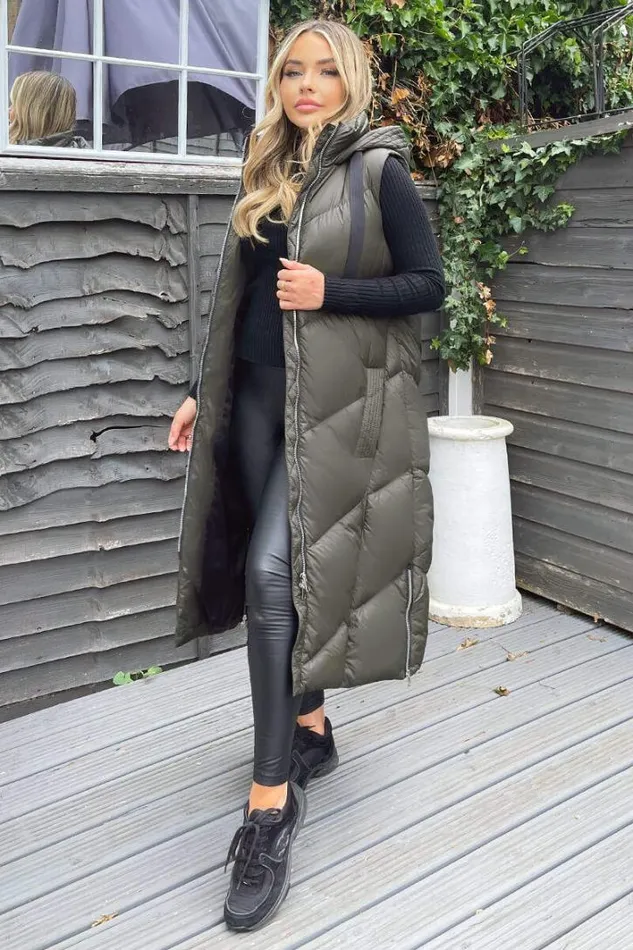 AX Paris Khaki Hooded Puffer Gilet Coats and Jackets