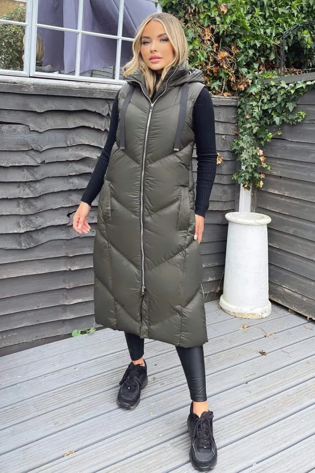 AX Paris Khaki Hooded Puffer Gilet Coats and Jackets