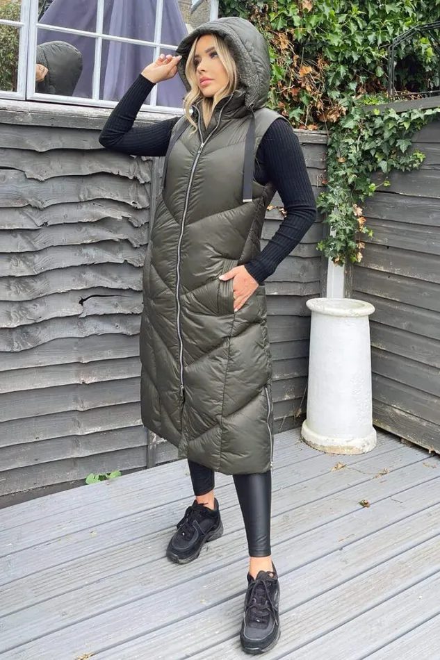 AX Paris Khaki Hooded Puffer Gilet Coats and Jackets