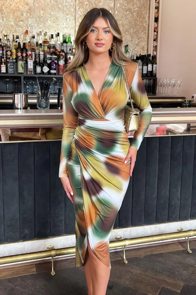 AX Paris Khaki Printed Long Sleeve Wrap Midi Dress Dresses