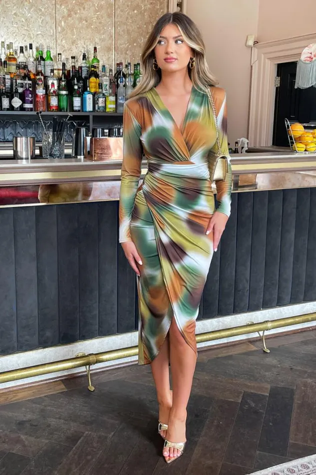 AX Paris Khaki Printed Long Sleeve Wrap Midi Dress Dresses