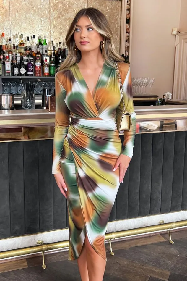 AX Paris Khaki Printed Long Sleeve Wrap Midi Dress Dresses