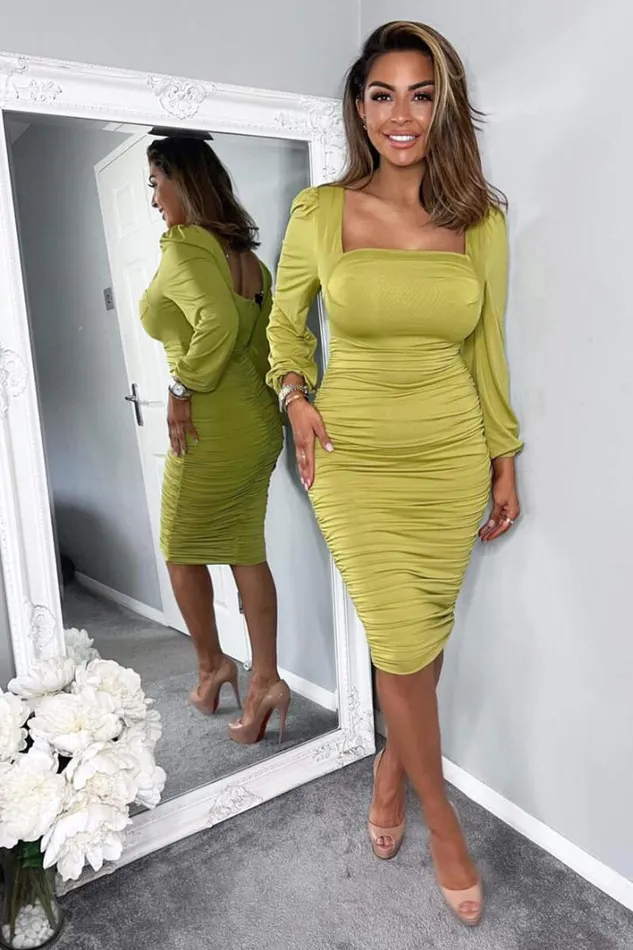 AX Paris Lime Square Neck Ruched Long Sleeve Midi Dress Dresses