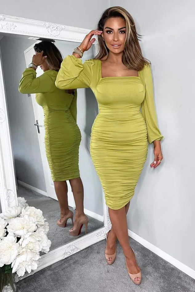AX Paris Lime Square Neck Ruched Long Sleeve Midi Dress Dresses