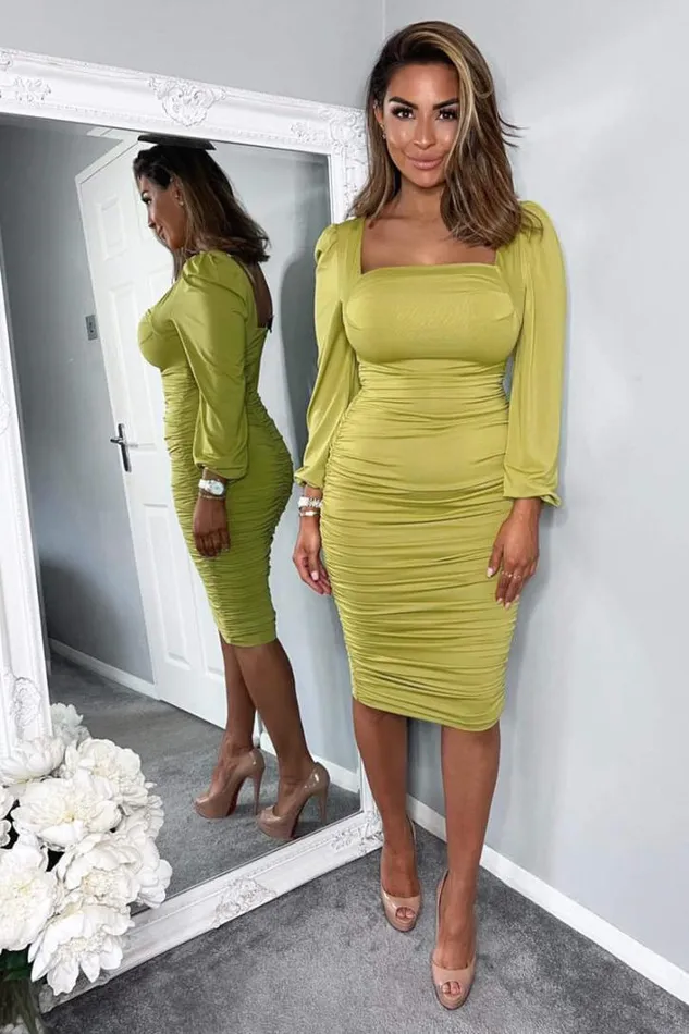AX Paris Lime Square Neck Ruched Long Sleeve Midi Dress Dresses