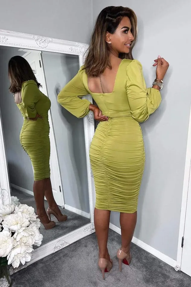 AX Paris Lime Square Neck Ruched Long Sleeve Midi Dress Dresses