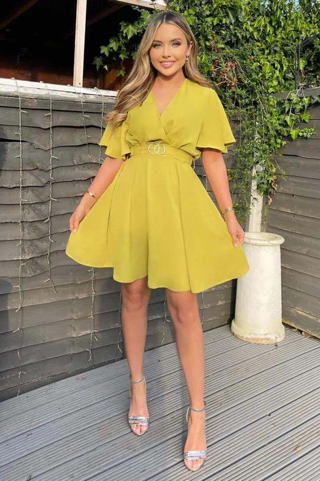 AX Paris Lime Wrap Over Belted Skater Dress With Short Sleeves Dresses