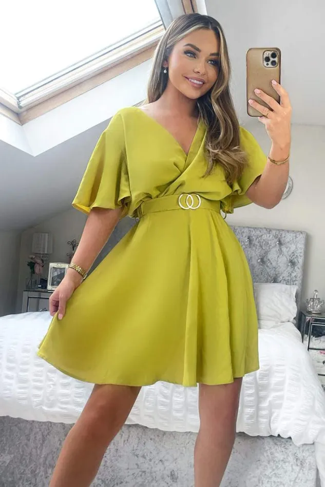 AX Paris Lime Wrap Over Belted Skater Dress With Short Sleeves Dresses