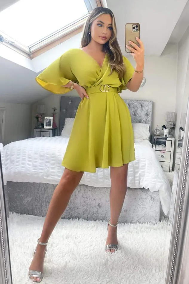 AX Paris Lime Wrap Over Belted Skater Dress With Short Sleeves Dresses