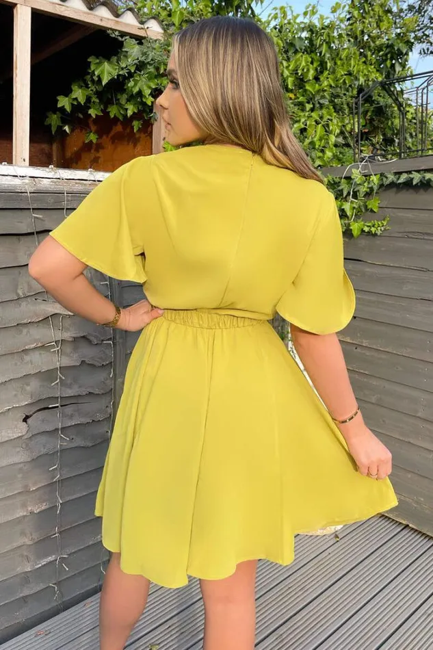 AX Paris Lime Wrap Over Belted Skater Dress With Short Sleeves Dresses