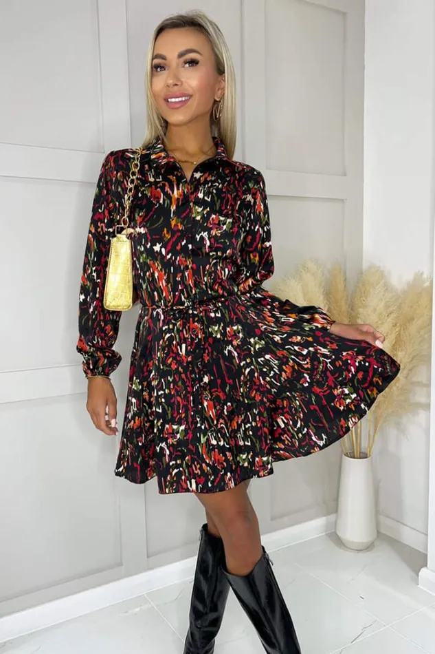 AX Paris Multi Print Long Sleeve Tie Waist Collared Skater Dress Dresses
