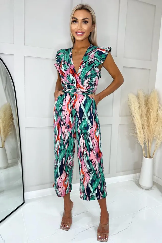 AX Paris Multi Printed Wrap Front Frill Sleeve Belted Jumpsuit Jumpsuits And Playsuits