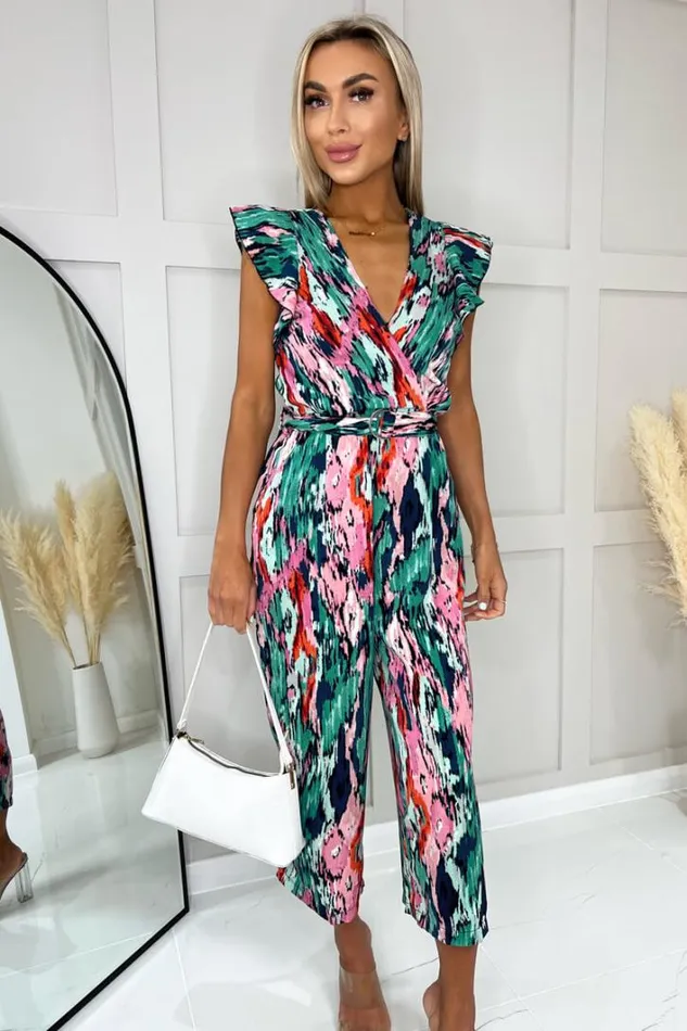 AX Paris Multi Printed Wrap Front Frill Sleeve Belted Jumpsuit Jumpsuits And Playsuits