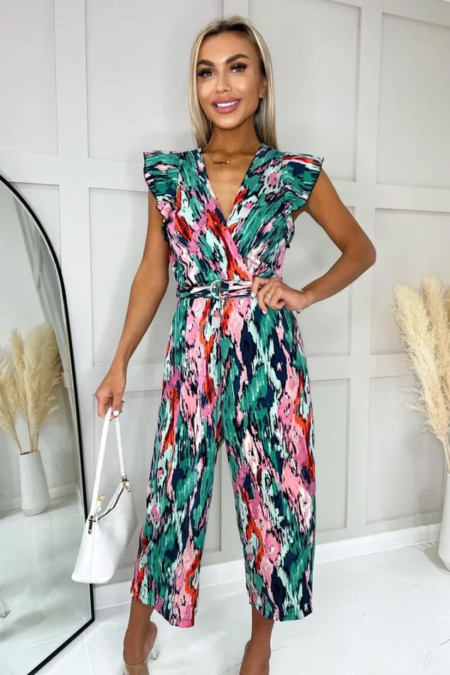 AX Paris Multi Printed Wrap Front Frill Sleeve Belted Jumpsuit Jumpsuits And Playsuits