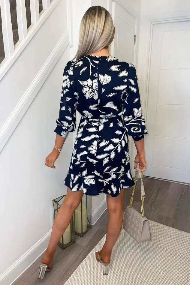 AX Paris Navy And White Floral Printed Frill Hem Dress Dresses
