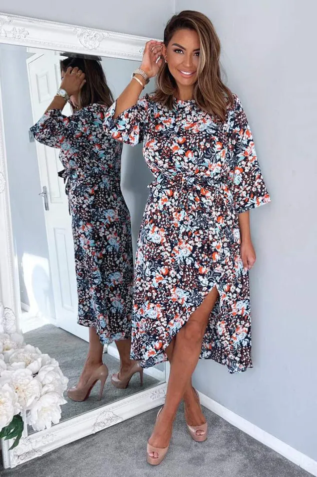 AX Paris Navy Floral Wrap Tie Front Midi Dress Dresses