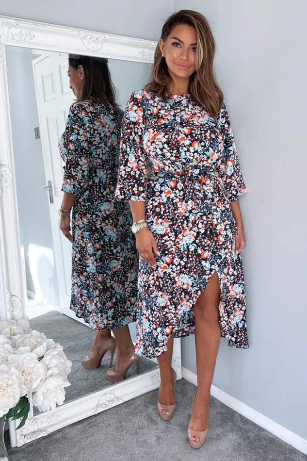 AX Paris Navy Floral Wrap Tie Front Midi Dress Dresses