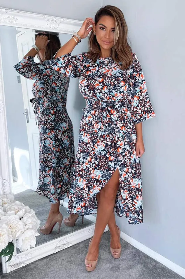 AX Paris Navy Floral Wrap Tie Front Midi Dress Dresses