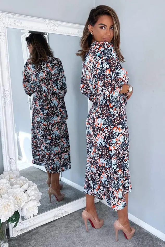 AX Paris Navy Floral Wrap Tie Front Midi Dress Dresses