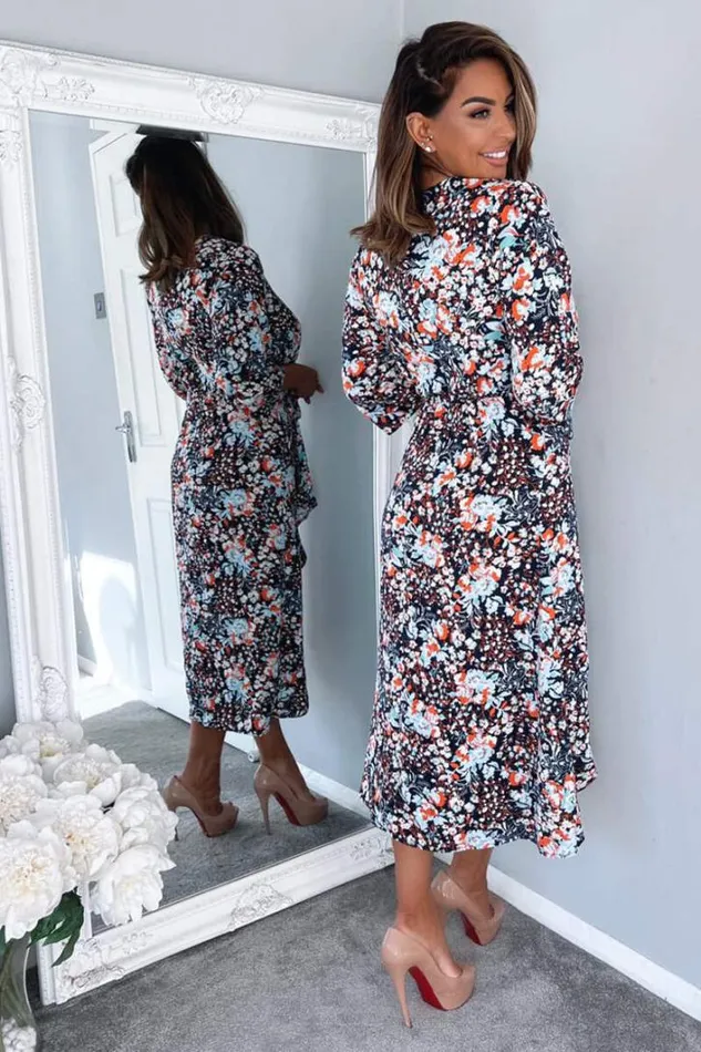 AX Paris Navy Floral Wrap Tie Front Midi Dress Dresses