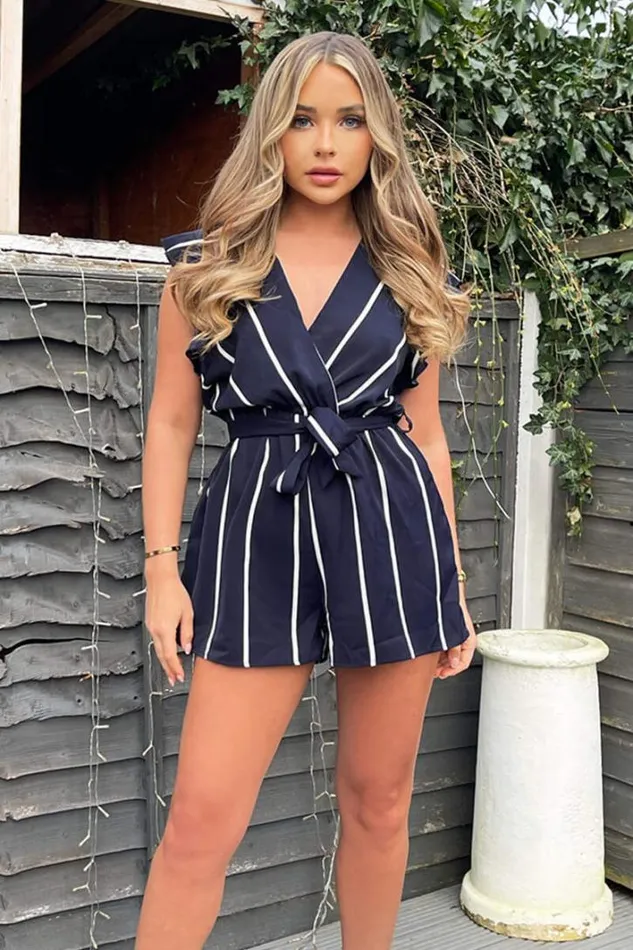 AX Paris Navy Striped Wrap Top Belted Playsuit Dresses