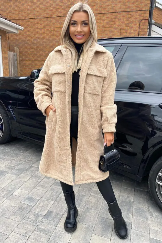 AX Paris Oatmeal Oversized Teddy Faux Fur Front Pocket Coat Coats and Jackets