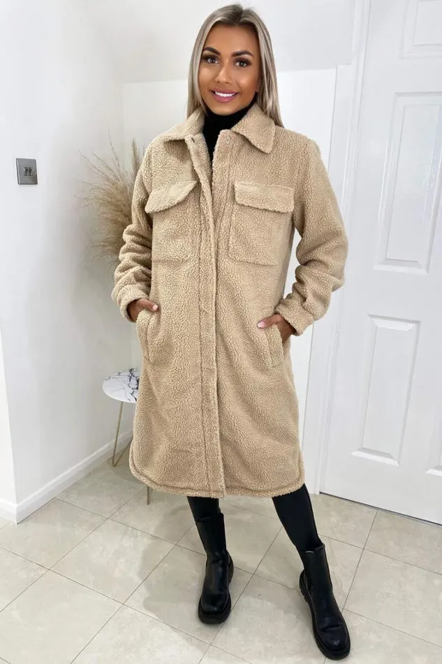AX Paris Oatmeal Oversized Teddy Faux Fur Front Pocket Coat Coats and Jackets