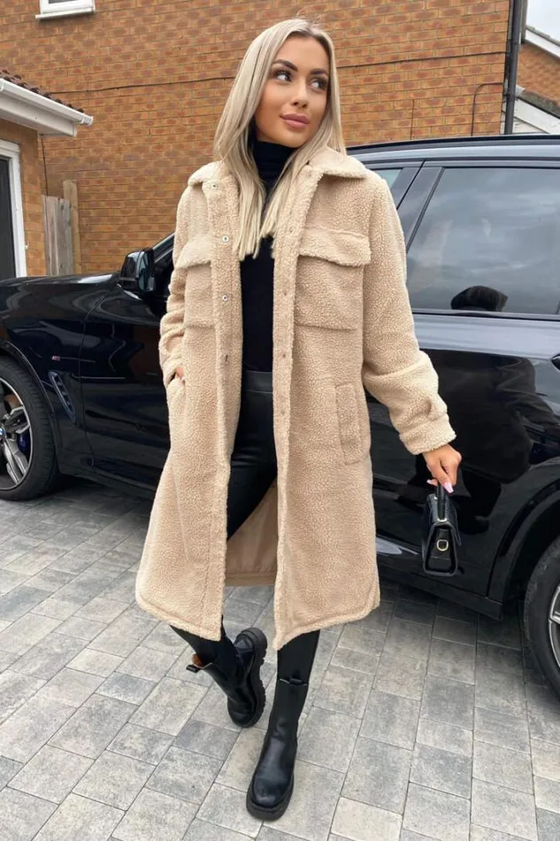 AX Paris Oatmeal Oversized Teddy Faux Fur Front Pocket Coat Coats and Jackets