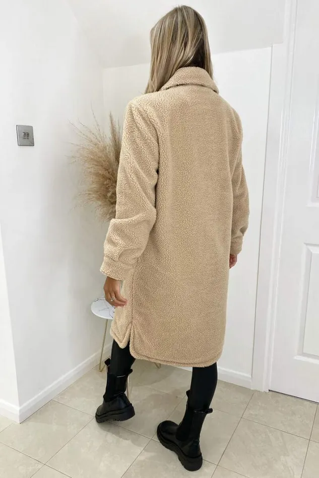 AX Paris Oatmeal Oversized Teddy Faux Fur Front Pocket Coat Coats and Jackets