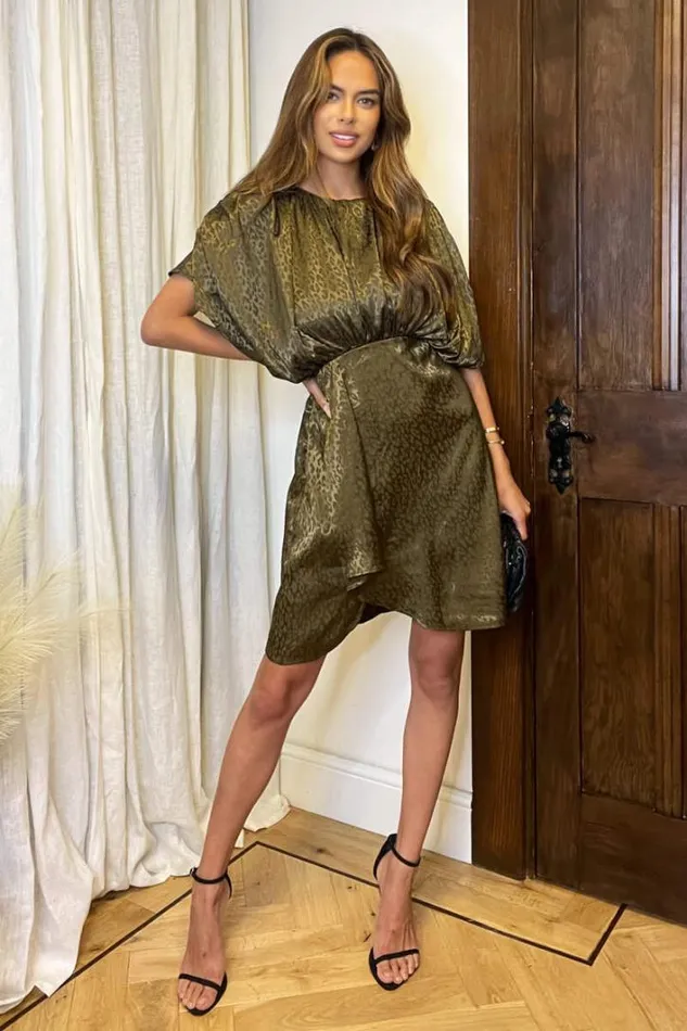 AX Paris Olive Animal Print Batwing Gathered Top Mini Dress Dresses