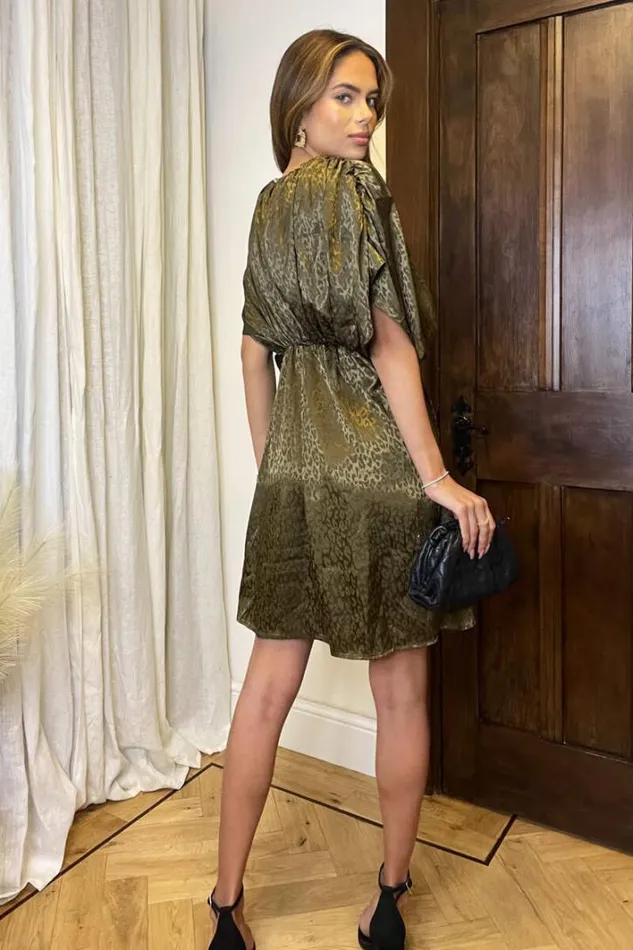 AX Paris Olive Animal Print Batwing Gathered Top Mini Dress Dresses