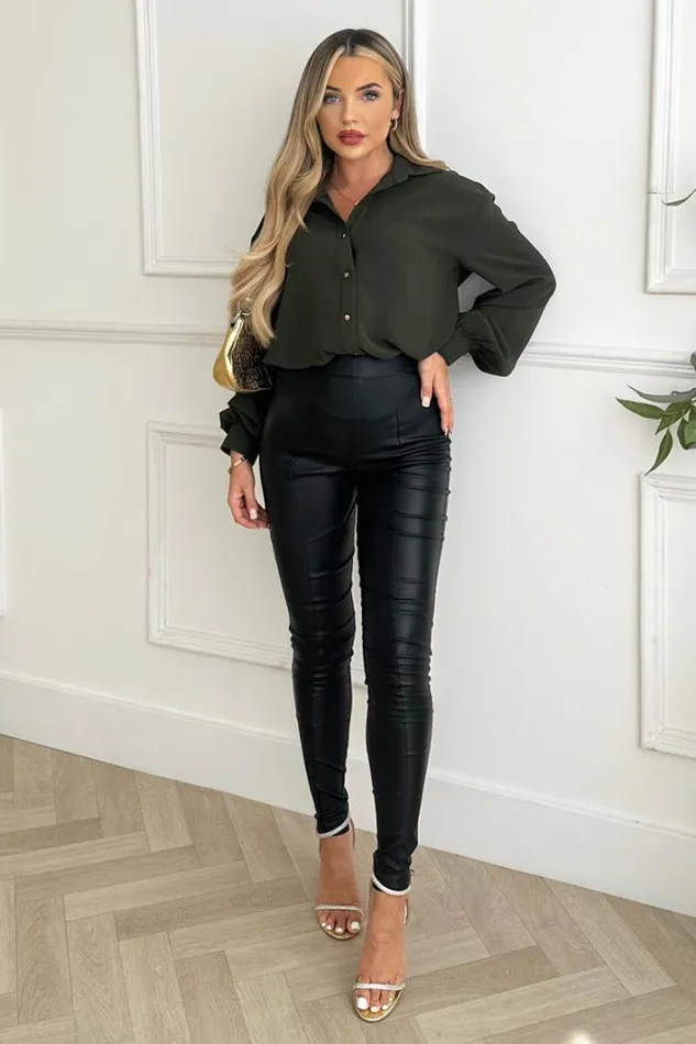 AX Paris Olive Long Sleeve Gold Button Front Shirt Tops
