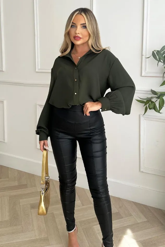 AX Paris Olive Long Sleeve Gold Button Front Shirt Tops