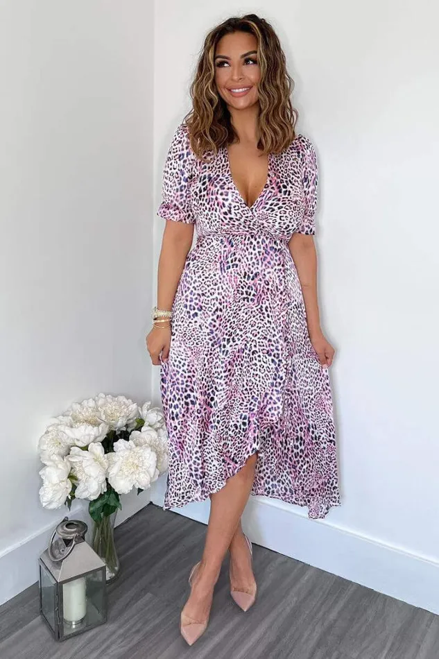 AX Paris Pink Animal Print Wrap Side Tie Midi Dress Dresses