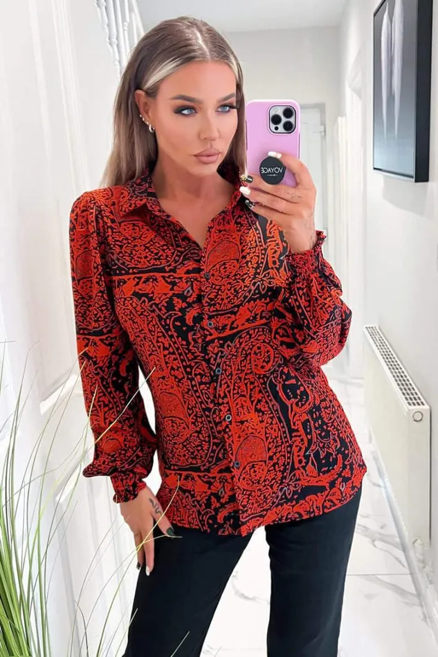AX Paris Red And Black Printed Long Sleeve Shirt Tops