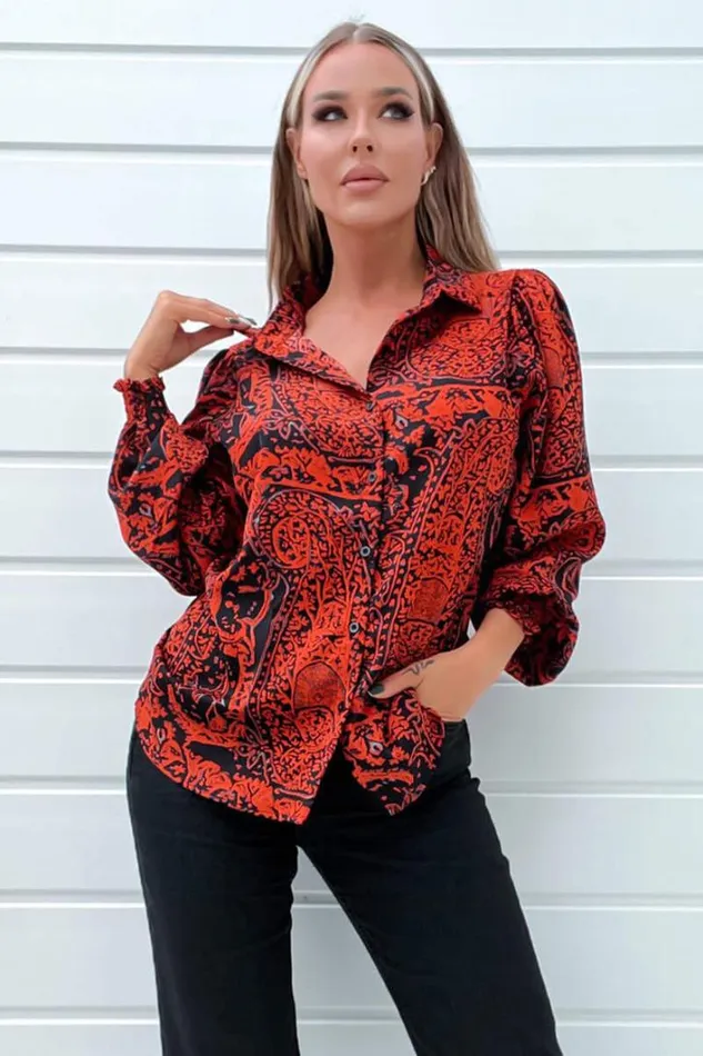AX Paris Red And Black Printed Long Sleeve Shirt Tops