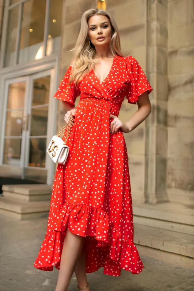 AX Paris Red And White Polka Dot Printed High Low Midi Dress Dresses