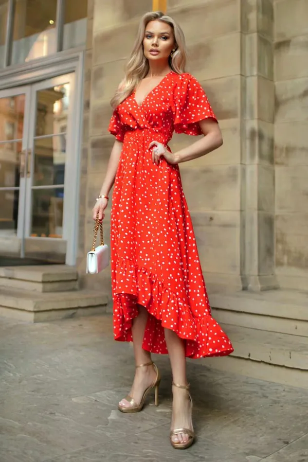 AX Paris Red And White Polka Dot Printed High Low Midi Dress Dresses