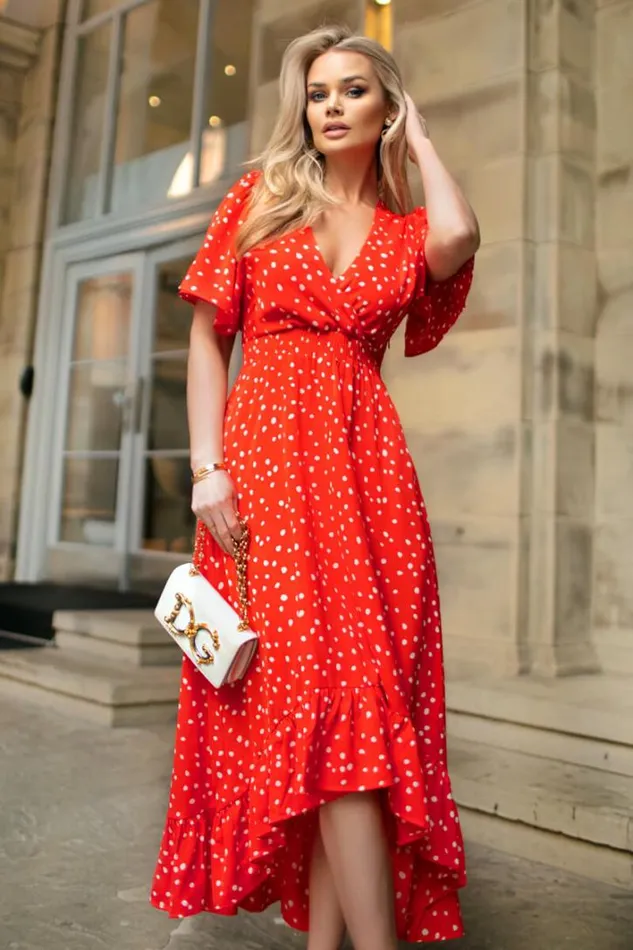 AX Paris Red And White Polka Dot Printed High Low Midi Dress Dresses