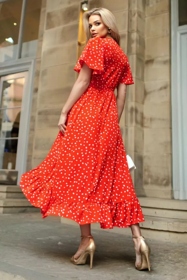 AX Paris Red And White Polka Dot Printed High Low Midi Dress Dresses