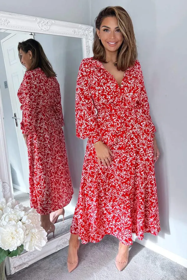 AX Paris Red Floral Print Button Up Midi Shirt Dress Dresses