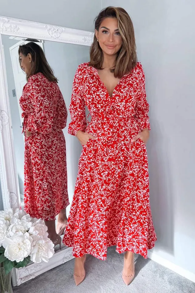 AX Paris Red Floral Print Button Up Midi Shirt Dress Dresses