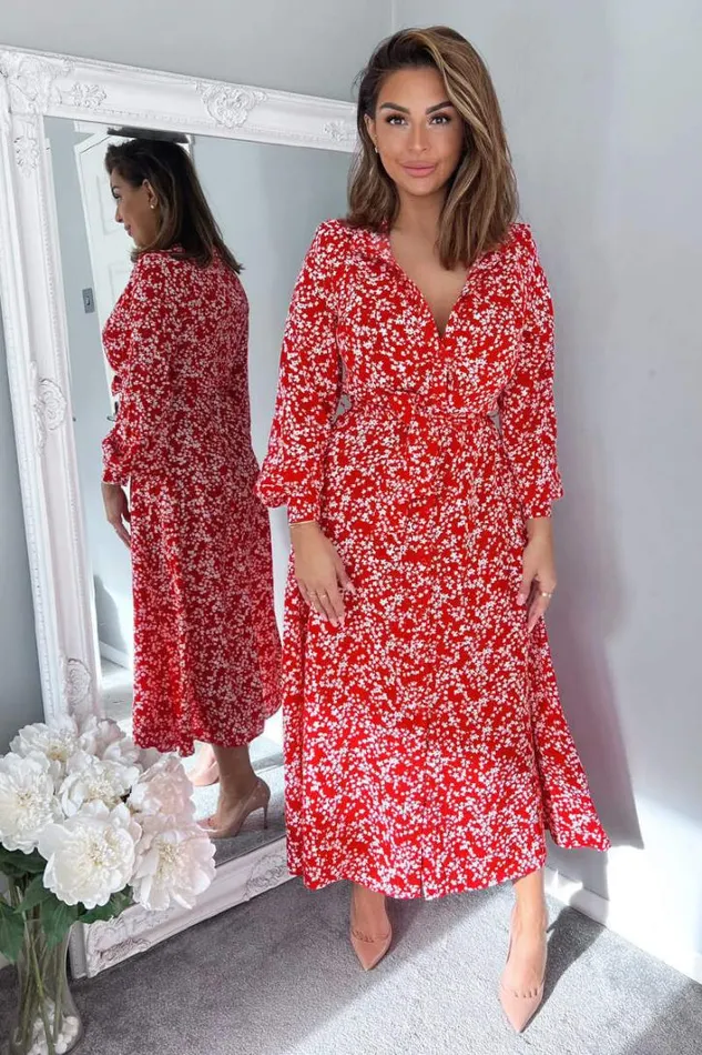 AX Paris Red Floral Print Button Up Midi Shirt Dress Dresses