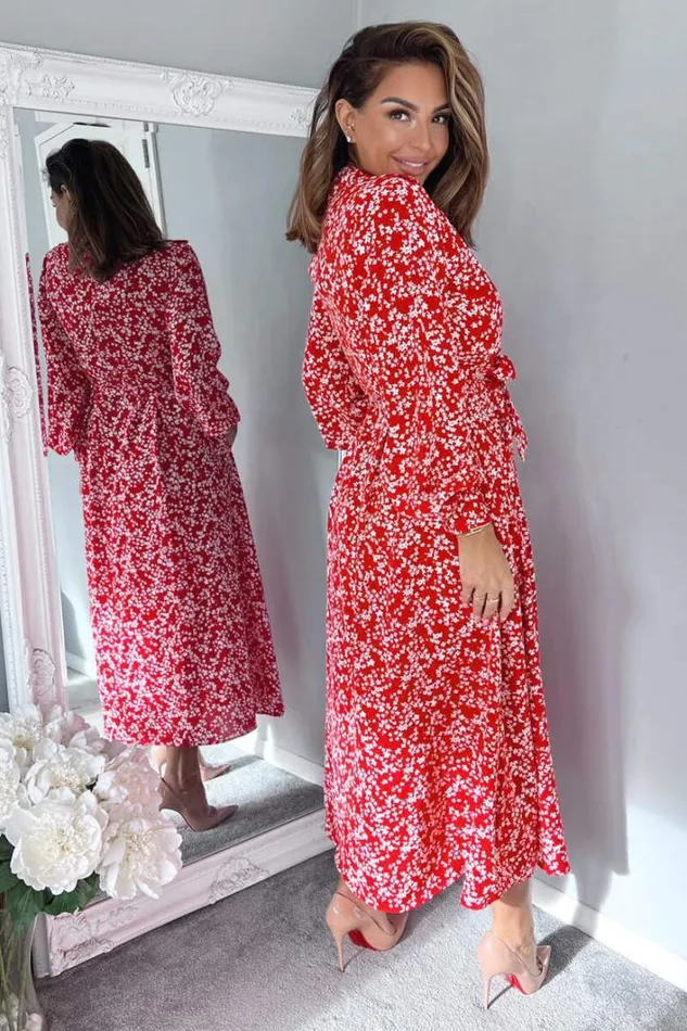 AX Paris Red Floral Print Button Up Midi Shirt Dress Dresses