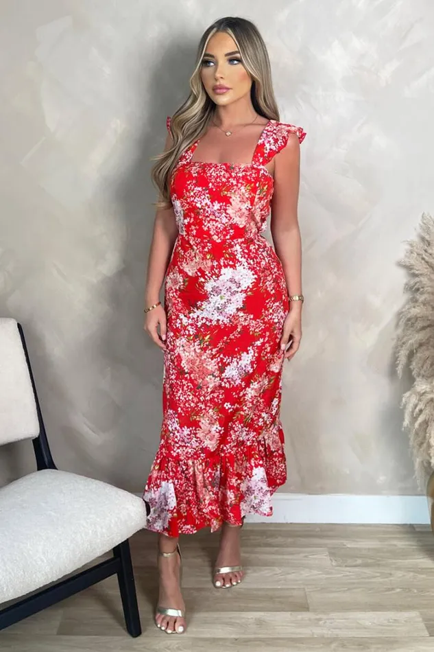 AX Paris Red Floral Printed Frill Strap Midi Dress Dresses