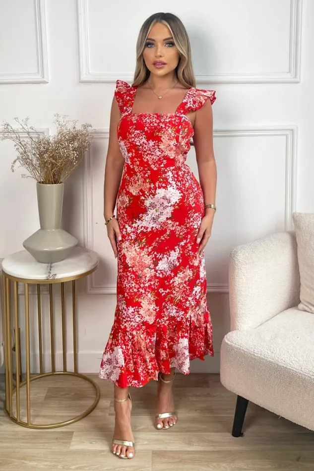 AX Paris Red Floral Printed Frill Strap Midi Dress Dresses