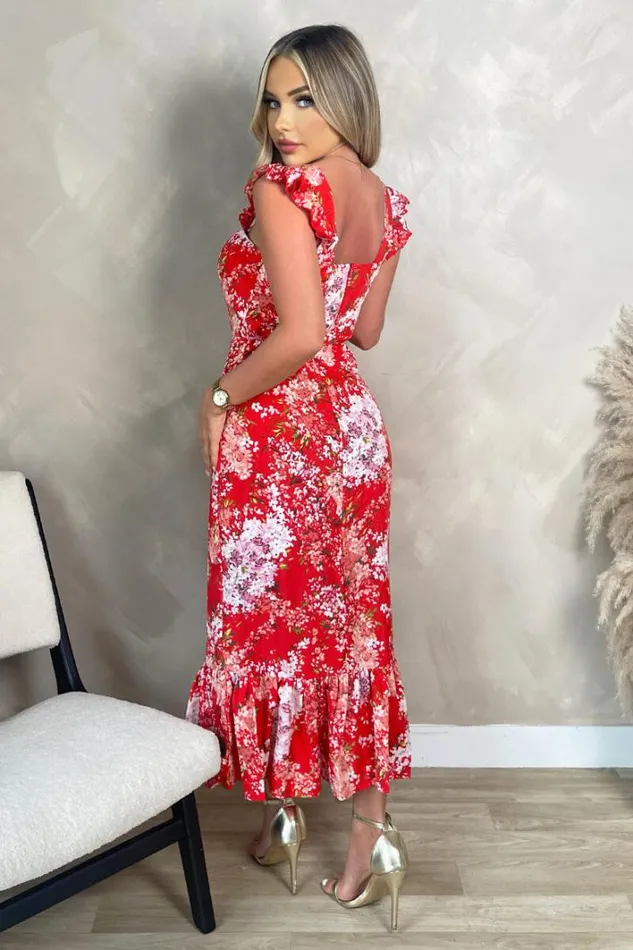 AX Paris Red Floral Printed Frill Strap Midi Dress Dresses